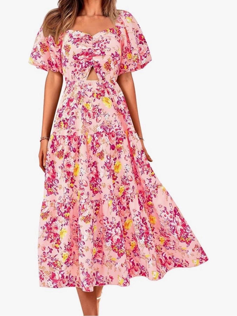 Floral Pink Tiered Midi Dress with Keyhole and Sweetheart Neck